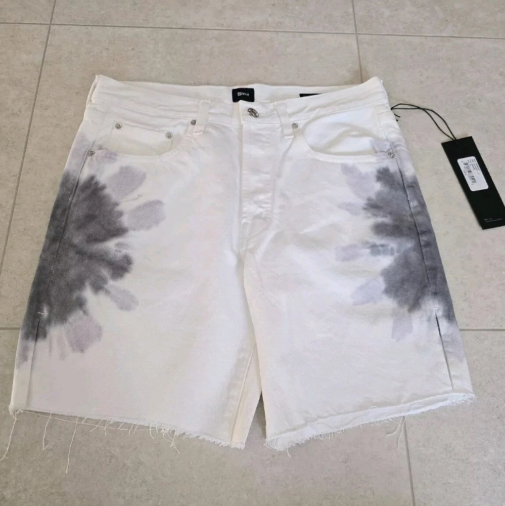 NWT EDWIN Cai 7" Cut Off High Waist Shorts - Horizon Tie Dye White Size 29
